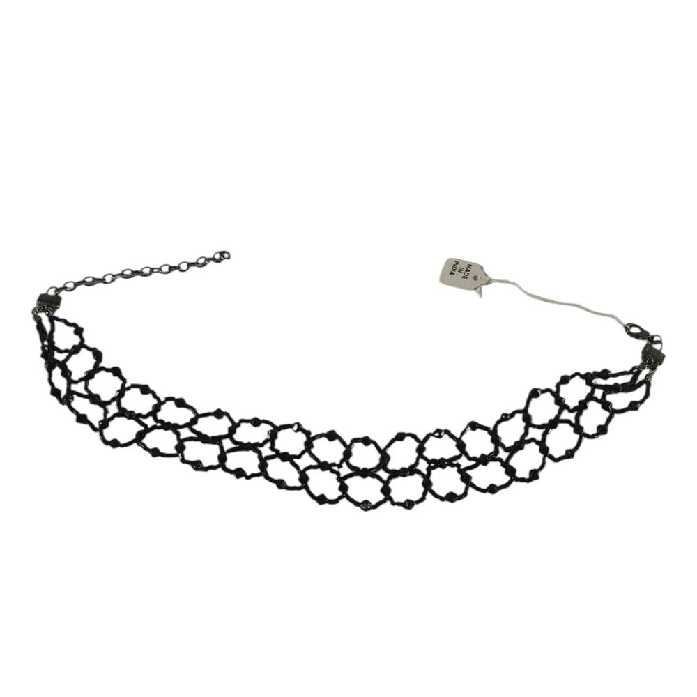 Woven Cord Choker Necklace Gothic Retro Y2K Black Beaded Crochet 11"-14" in